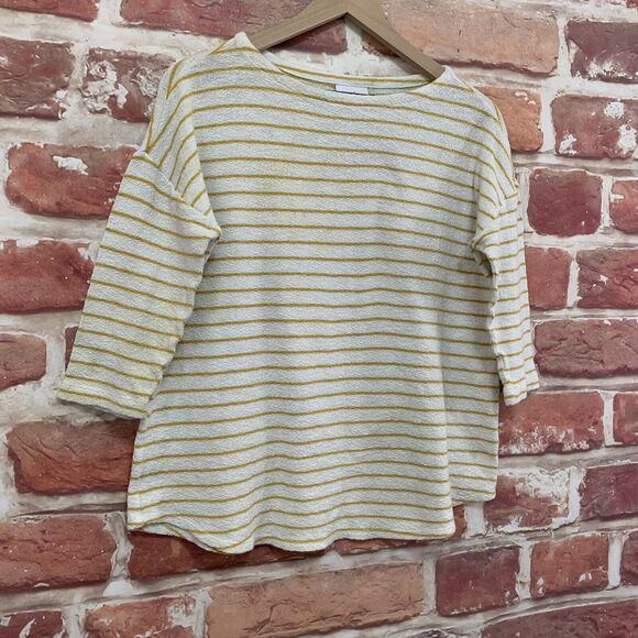 J Jill Top Shirt Women's Small White Yellow Striped Terry Casual Popover Blouse - Picture 2 of 8